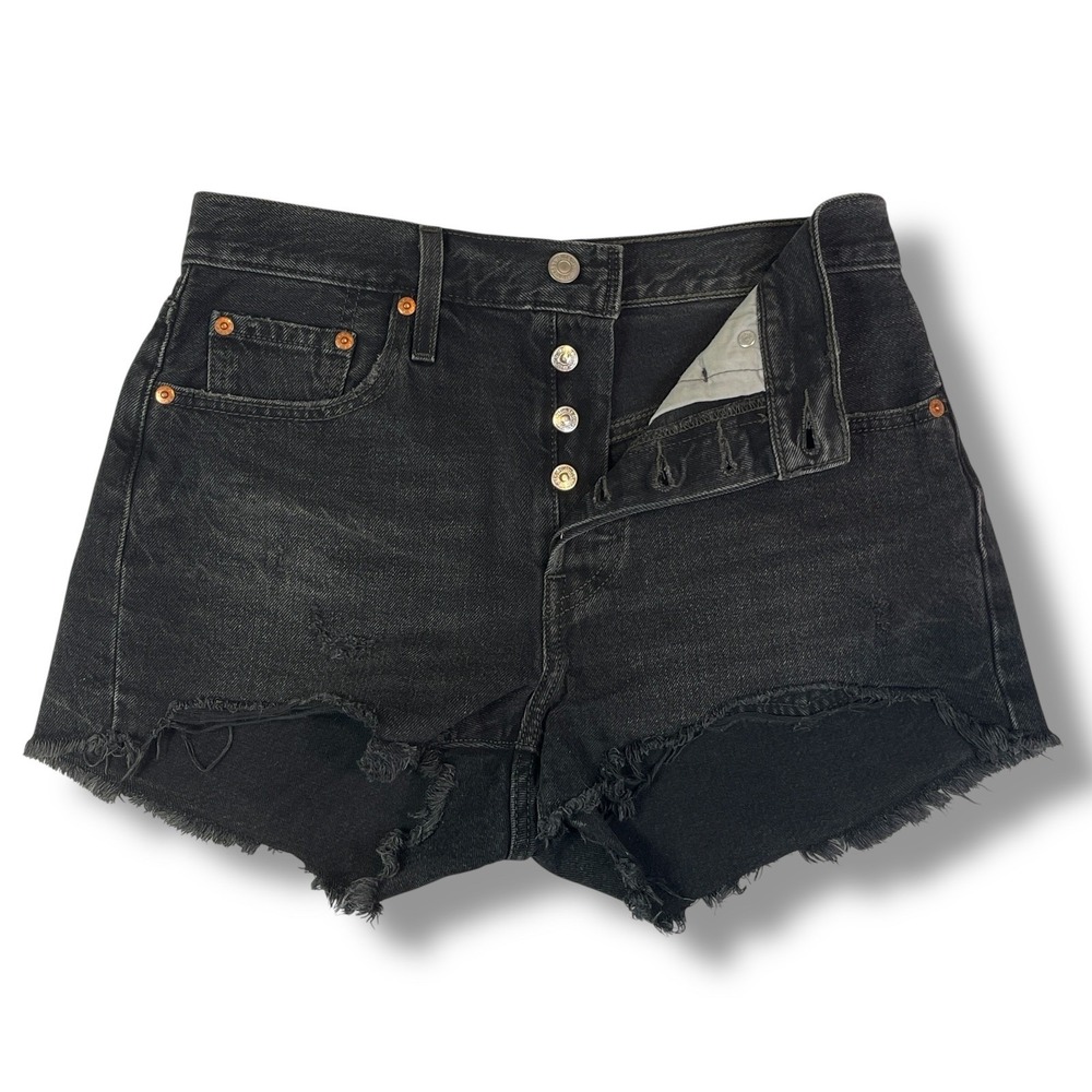 Levis 501 Black Cut Off Shorts W27 High Rise Raw Hem Distressed Denim Raw Hem
